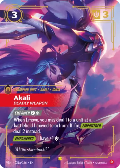 Akali Deadly Weapon VEN-021a Vendetta Riftbound card